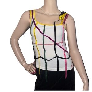 Miss Sixty White Tank Top with Multicolor Ribbon Grid Italy S Rare